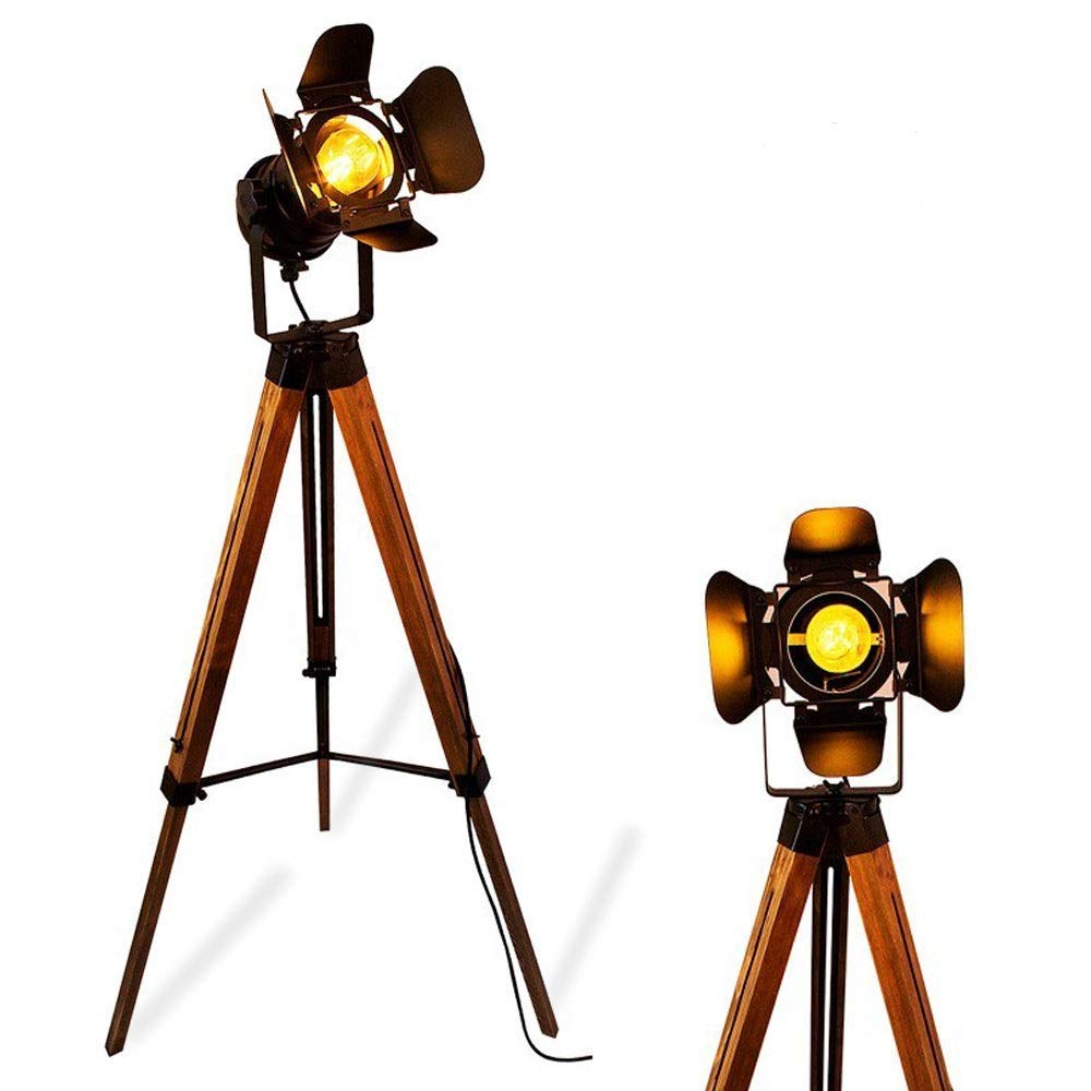 Photo 1 of SUNLLOK Vintage Black Wood Tripod Floor Lamp for Living Room, Modern Industrial Metal Nautical Cinema e26 Standing Corner Searchlight - Rustic Reading Adjustable Desk Table Light for Bedroom Office