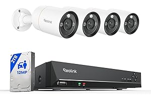REOLINK 12MP Wired Security Camera System, 4pcs H.265 12 Megapixel UHD PoE Surveillance Cameras, Person Vehicle Pet Detection, Spotlight Color Night Vision, 8CH NVR with 2TB HDD, RLK8-1200B4-A