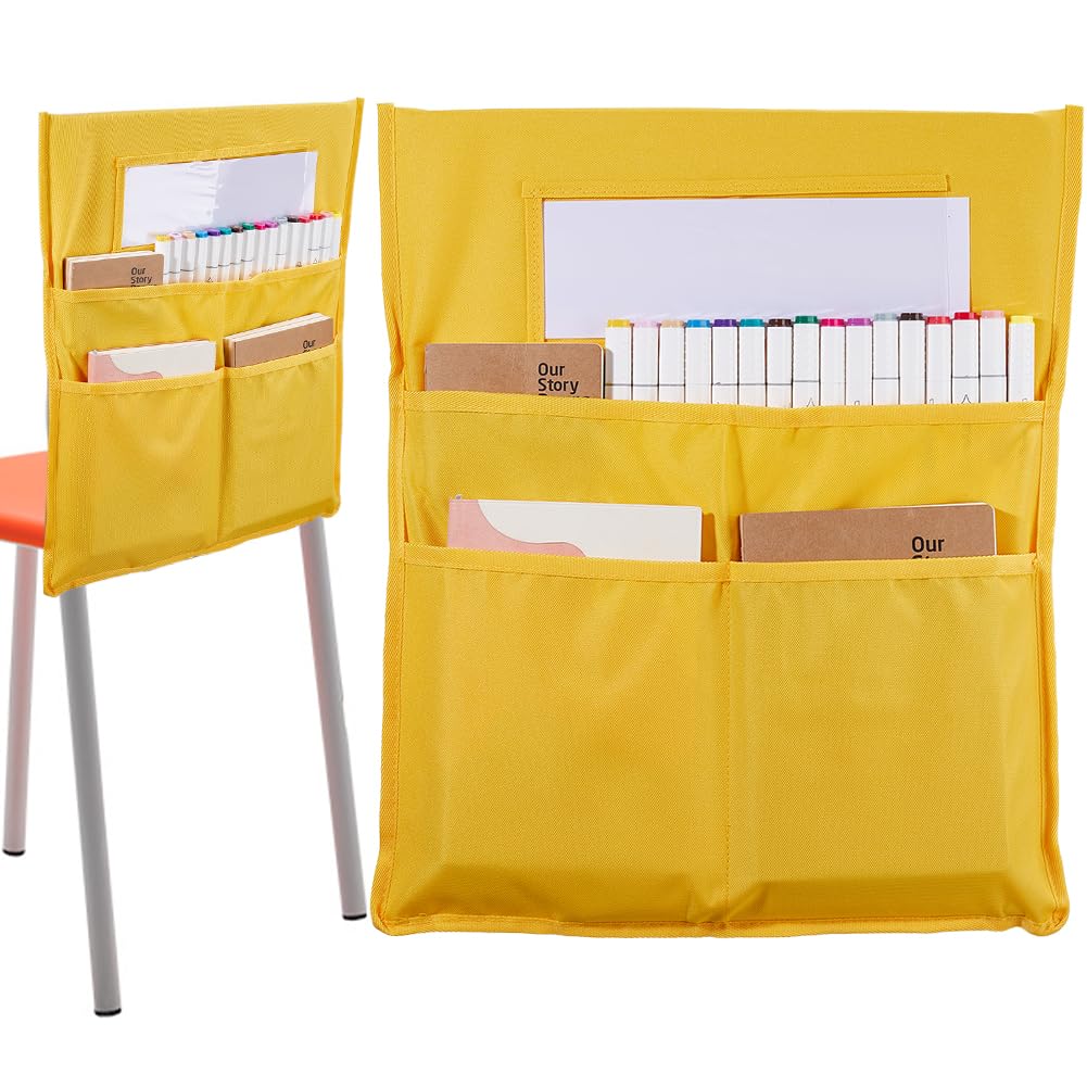 CRASPIRE Chair Buddy Storage Pocket 19 x 16.5in Chair Back Organizer Chart Yellow with Name Tag Label Slot Students Seat Chairback Multiple Pockets for School Home Classroom Preschool Daycare Supplies