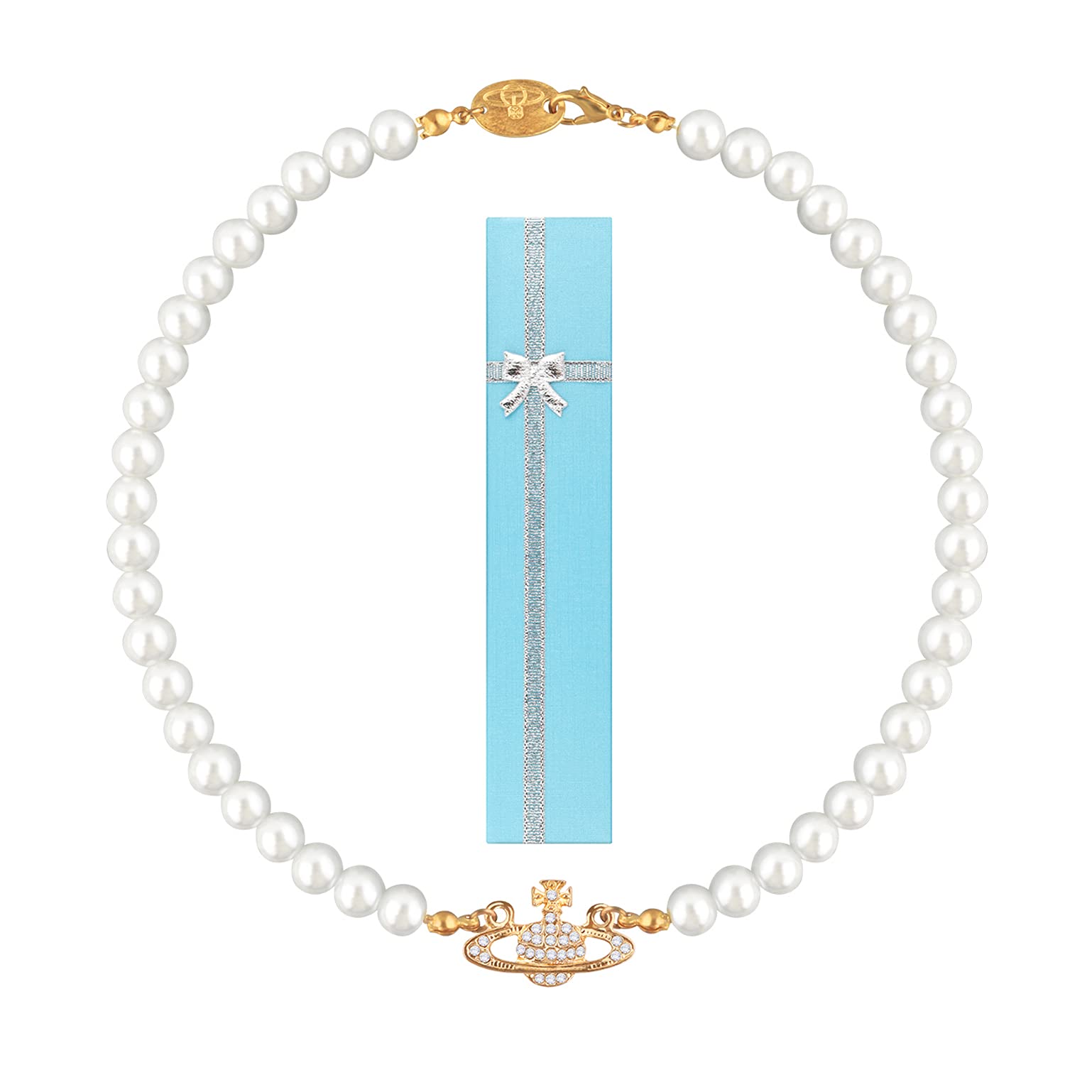 BTONGE Saturn Planet Necklace Pearl Necklaces for Women Artificial Pearl Crystal Rhinestone Choker Necklace Ladies Pendant Jewelry Gift for Best Friend Girlfriend Birthday Anniversary