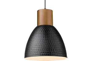ELYONA Hammered Pendant Light, 10.2” Industrial Hanging Lamp with Solid Wood & Metal Shade, Modern Pendant Light Fixtures for Kitchen Island, Bar, Farmhouse Dining Room, Bedroom, Living Room, Black
