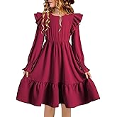 blibean Teen Girls Dress Kids Double Ruffle Long Sleeve Smocked Dresses Size 6-15 Years