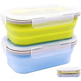 FUSMYE 2 Pack Collapsible Silicone Bento Lunch Boxes With Lids Spoon Fork, 33.8oz, Lunch Food Storage Containers, Safe in Microwave, Dishwasher and Freezer, BPA Free (Blue and Green)