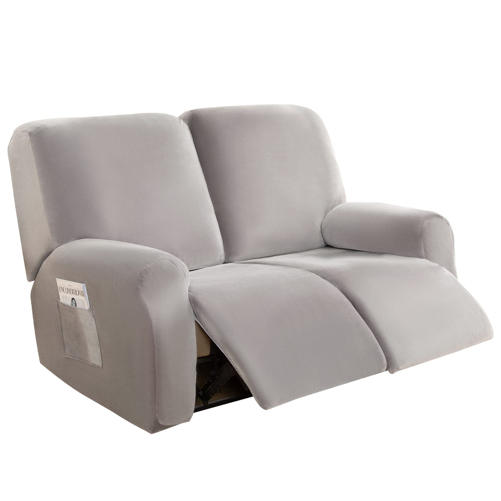 Recliner Chair Cover 2 Seater - Super Soft Velvet Stretch Recliner Couch Covers Sofa Chair Slipcover with Side Pocket for 2 Cushion Recliner Sofa for Furniture Protector (Silver Grey)