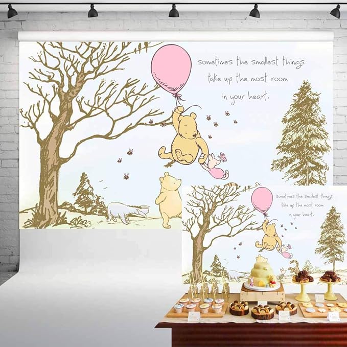 Classic Winnie The Pooh Baby Shower Backdrop for Girls Pink Balloon