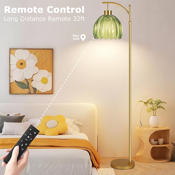QIYIZM GREEN FLOOR LAMP FOR LIVING ROOM,BEDROOM,GOLD DIMMABLE STANDING LAMP WITH REMOTE,MID CENTURY MODERN BRASS TALL LAMP BOHO FLOOR LAMPS ARC STAINED GLASS FLOWER LIGHT BOHEMIAN