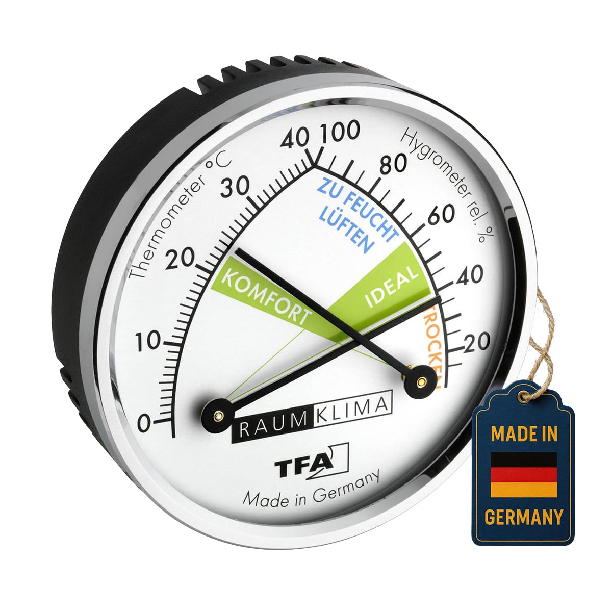 TFA Dostmann Thermo Analogue Thermometer Hygrometer with Metal Ring, Humidity Meter, Multicoloured, L 71 x W 23 x H 71 mm,45.2024
