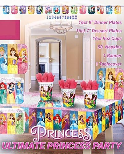 Ultimate Disney Princess Party!!!Birthday Party Decoration Supplies Bundle Pack with 16lg&16sm Plates 16-9oz Cups, Matching Table Cover&Jumbo Banner,50 Napkins(Bonus Matching Party Straw Pack)