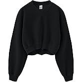Meladyan Women Casual Cropped Sweatshirt Basic Solid Long Sleeve Fleece V Neck Loose Drop Shoulder Pullover Crop Tops Vintage