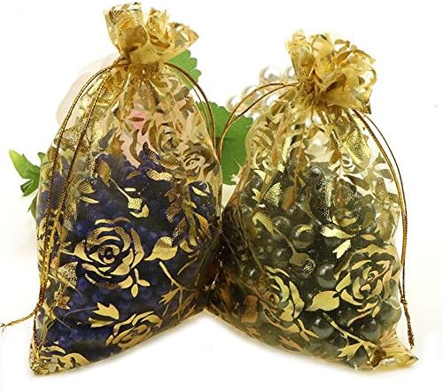 100pcs Rose Drawstring Organza Wedding Favour Bags Jewelry Pouch Bags for Wedding,Party,Christmas,Candy Gift Bags Pouch Bags,Gold