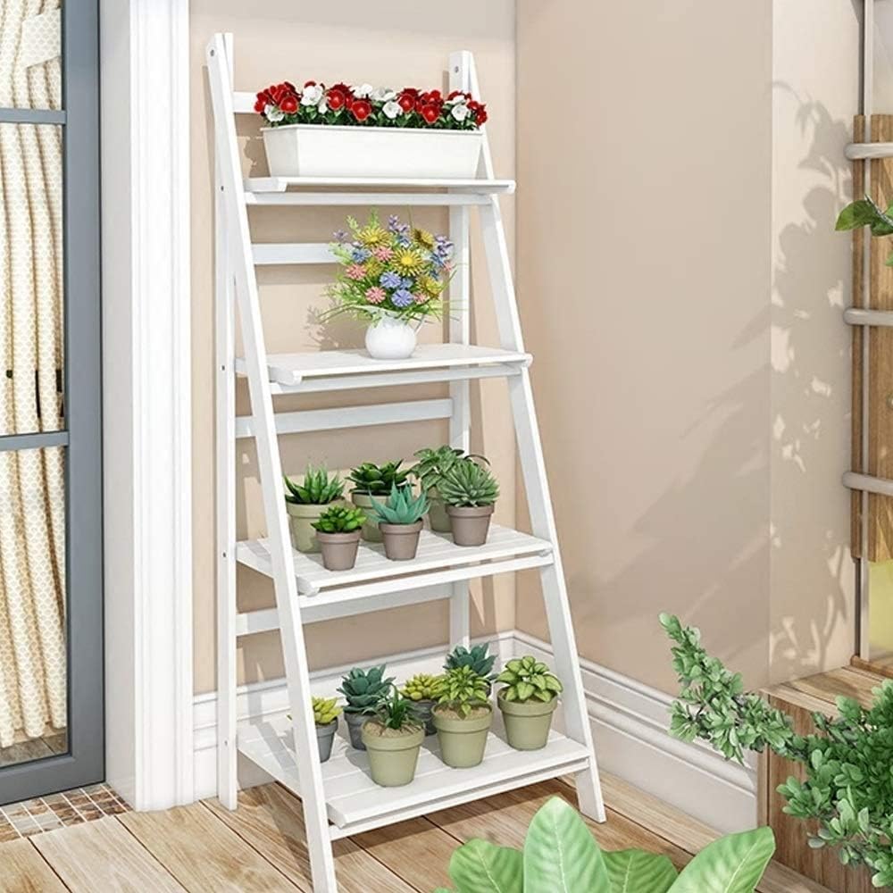 Garden Balcony Patio 121cmx46cmx37cm White Nmbc 4tier Flower Stand Wood Folding Planter Ladder Display Shelf Decorative Plant Stand For Indoor Outdoor Stands