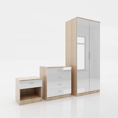 ELEGANT 3 Piece Bedroom Furniture Set - High Gloss White-Oak Wardrobe