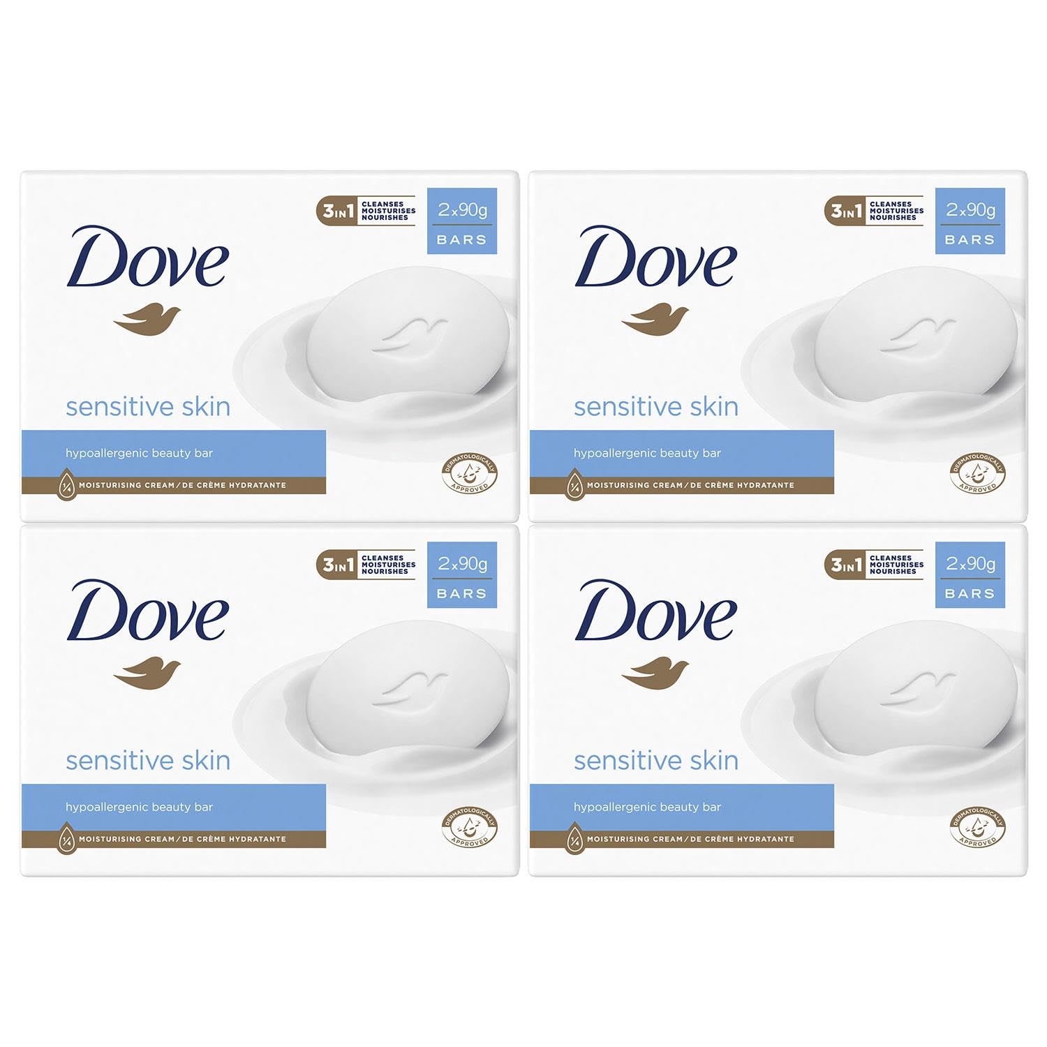 Dove Hypoallergenic Beauty Cream Bar 3 in-1 Cleanses, Moisturises and Nourishes Sulphate-Free Bath Soap for Soft and Smooth Skin, Specially Made for Sensitive Skin 8x90g" [Pack of 8]
