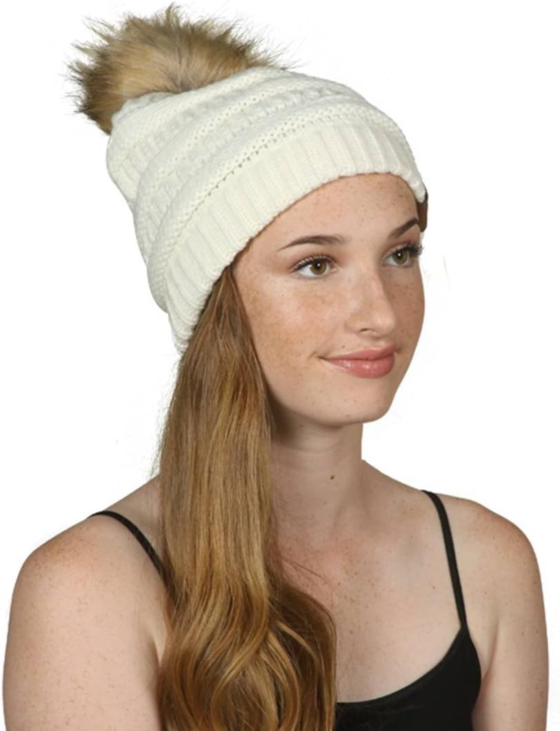 Gravity Threads Cable Knit Faux Fur Pom Pom Beanie Hat