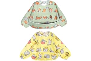 Little Dimsum Full Sleeved Feeding Bib 2 Pack,Baby & Toddler Waterproof Bib Apron,Food Protection Large Pocket Eating Smock 6
