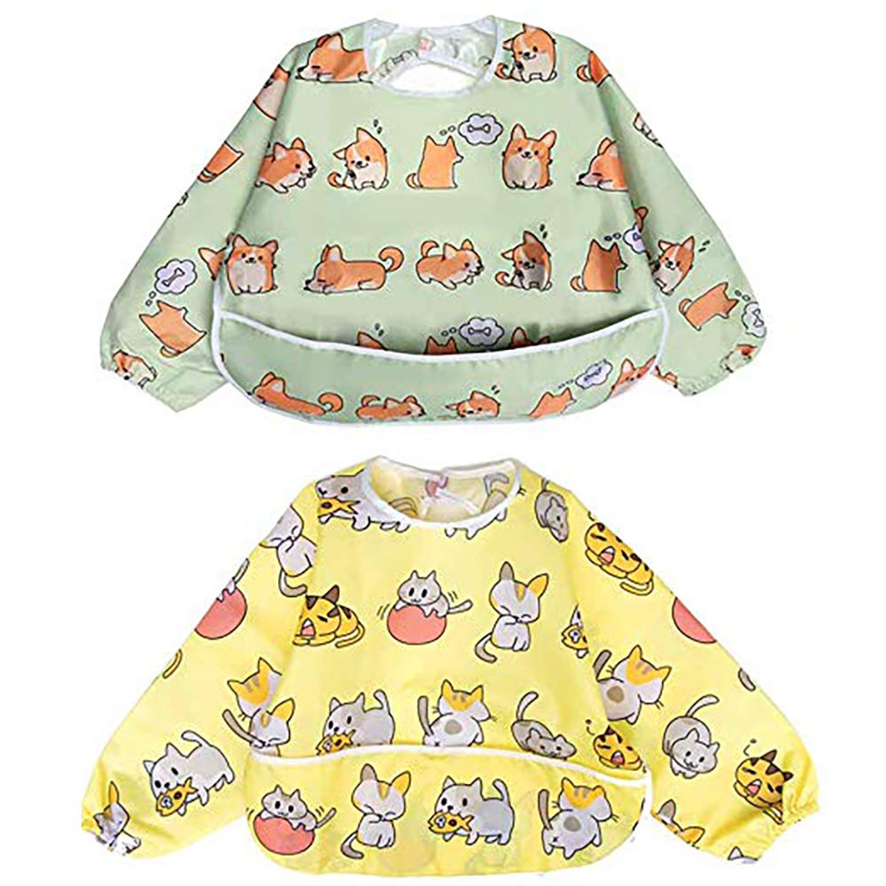 Little Dimsum Weaning Bibs Set with Sleeves,Long Sleeved Waterproof Toddlers Feeding Bib Apron,Food Protection Large Pocket Overalls 6-36 Months (Puppy/Cat)