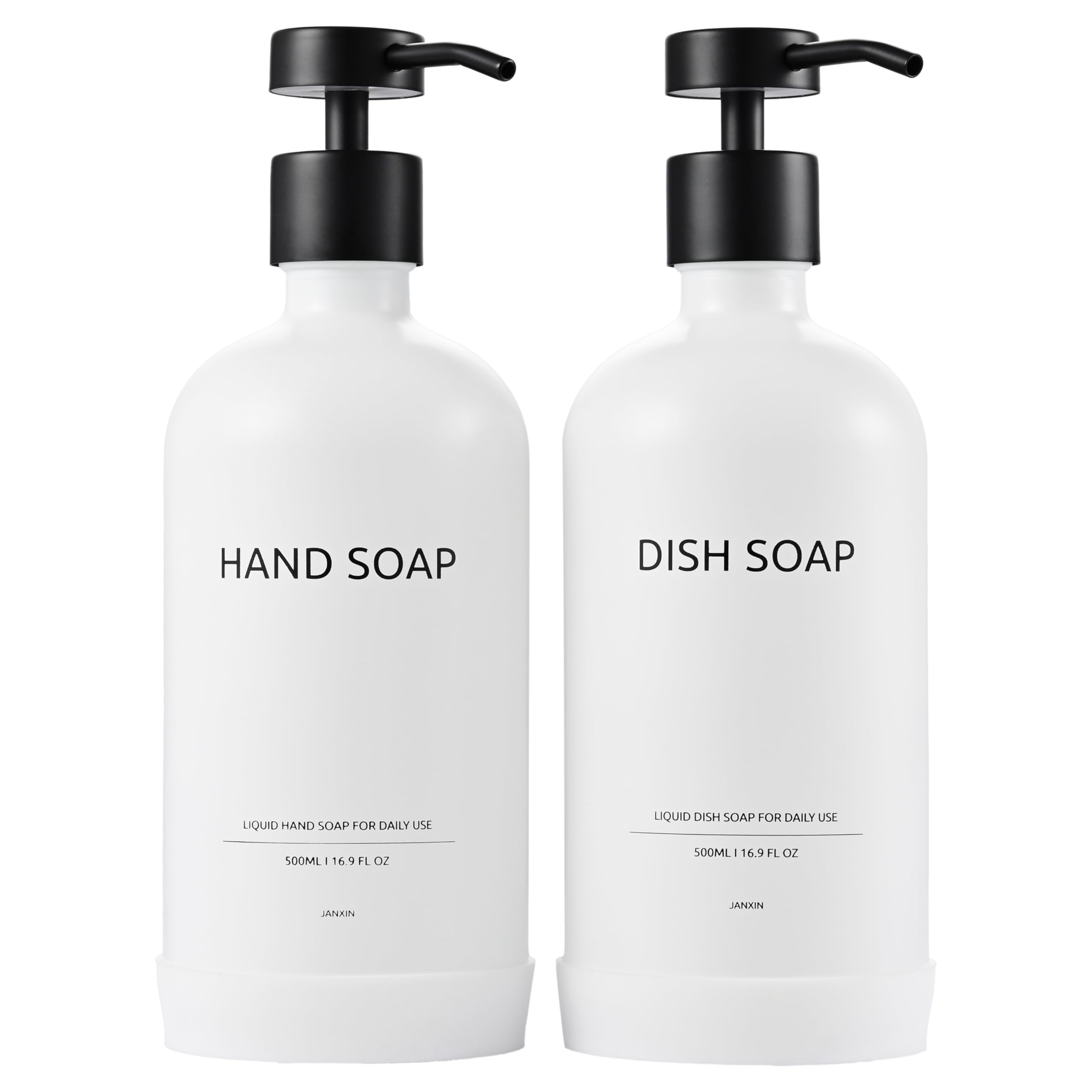Photo 1 of Janxin Soap Dispenser Set with Non-Slip Protective Silicone Pad, Hand Soap Dispenser for Bathroom and Kitchen Decor, White and Black Accessories (White Bottles + Black Pumps)