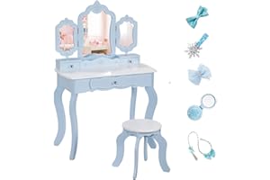BRINJOY Kids Vanity Set, 2-in-1 Wooden Makeup Table & Stool w/Detachable Tri-fold Mirror, Pretend Play Princess Dressing Table w/Drawer&Accessories, Children Beauty Vanity Set for Girls 3+, Blue