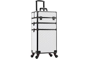 AROUS Rolling Makeup Train Case Large Storage Cosmetic Trolley 3 in 1 Large Capacity Trolley Makeup Travel Case with Key Swivel Wheels Salon Barber Case Traveling Cart Trunk, White