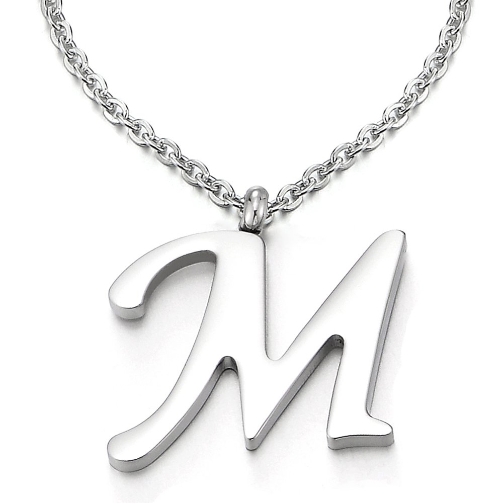 COOLSTEELANDBEYOND Womens Mens Steel Name Initial Alphabet Letter M Pendant Necklace with 20 inches Chain