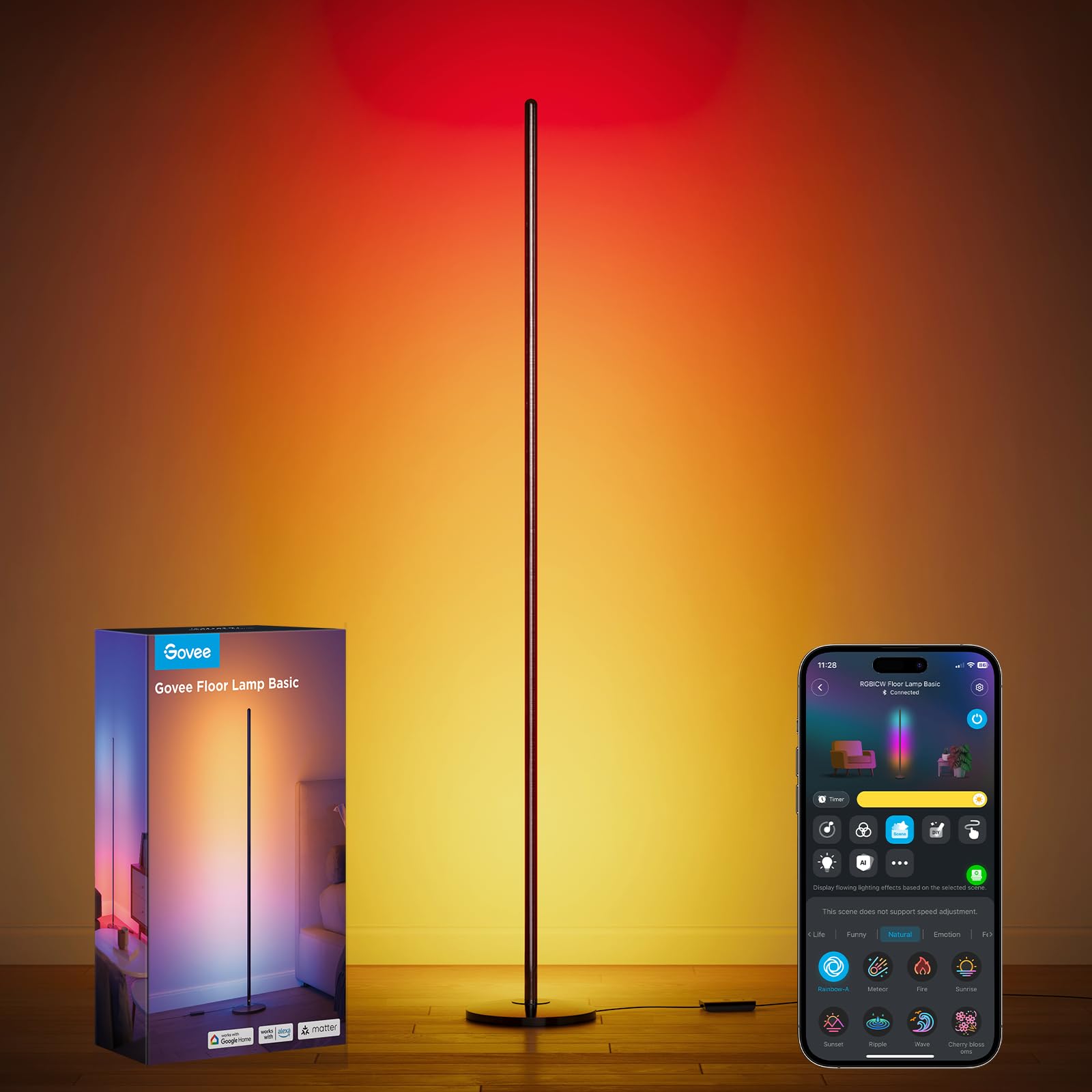 Govee RGBIC 플로어 램프 기본, 1000lm LED 코너 램프, 블랙 | Alexa and Matter와 호환, 음악 동기화 및 1,600만 가지 DIY 색상이 있는 모던 플로어 램프, 침실용 스탠딩 램프