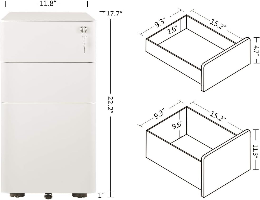 DEVAISE 3-Drawer Slim Vertical File Cabinet, Fully Assembled Except Casters, Legal/Letter Size, White : Office Products