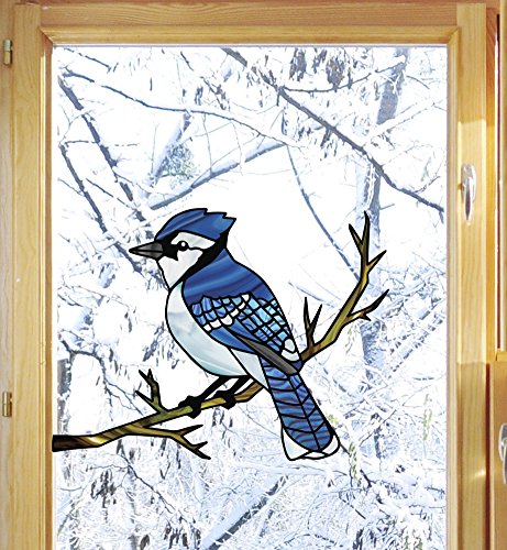 Bird - Blue Jay Bird Perched on Branch - Stained Glass Style See-Through Vinyl Window Decal - Yadda-Yadda Design Co. (Variations Available) (MED 6"w x 4.5"h)
