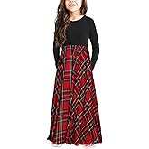 KYMIDY Girls Maxi Dress Kids Buffalo Check Plaid Long Sleeve Casual Dresses with Pockets for Girls 6-14 Years