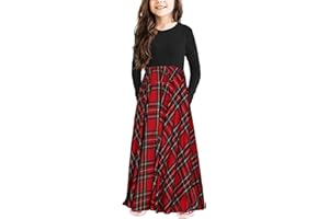 KYMIDY Girls Maxi Dress Kids Buffalo Check Plaid Long Sleeve Casual Dresses with Pockets for Girls 6-14 Years