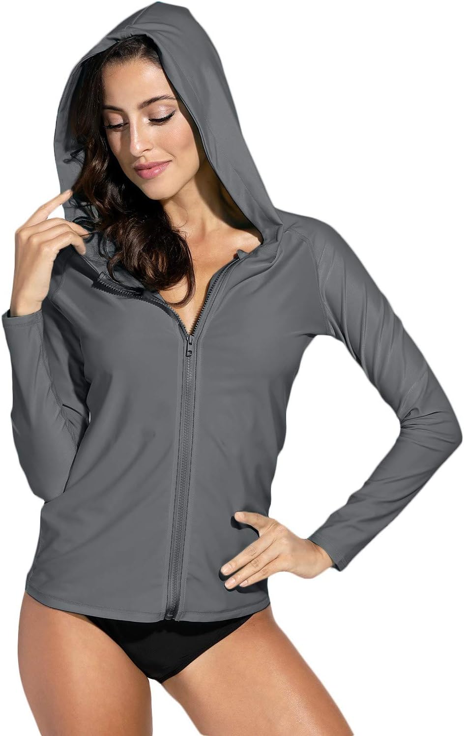 Women's UV Sun Protection Zip Front Long Sleeve Rash Guard Swim Shirt