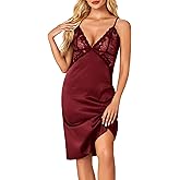 OPOIPIN Women's Satin Nightgown Full Slip Lace Trim V Neck Sleeveless Chemise Silk Lingerie Nightdress Wine Red Large