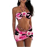 SOLY HUX Women's 3 Piece Swimsuit Floral Halter Bikini Set Beach Vacation Bathing Suit with Drawstring Cover Up Skirt