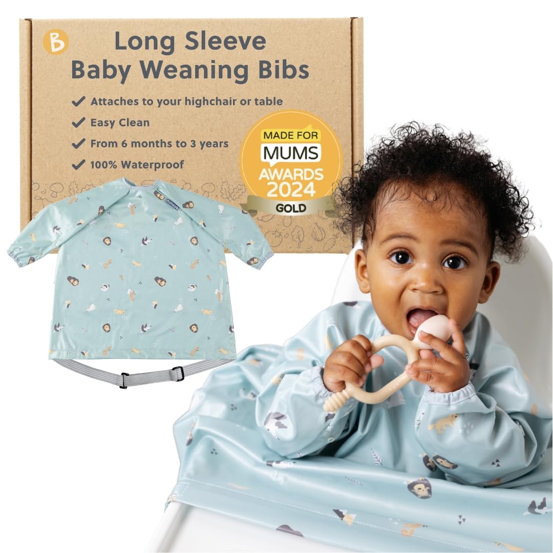 BIBaDO - Long Sleeve Baby Bibs - Babies & Toddlers 6-36 Months - Coverall Baby Weaning Bib - Easy Wipe Clean & Soft Fabric - Attach to Highchair & Tables - Waterproof - Machine Washable - Gifts