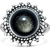HAIXIAN Silver Natural Obsidian Stone Ring for Women,Retro S925 Sterling Silver Gemstone Ring Jewelry Gift for Her