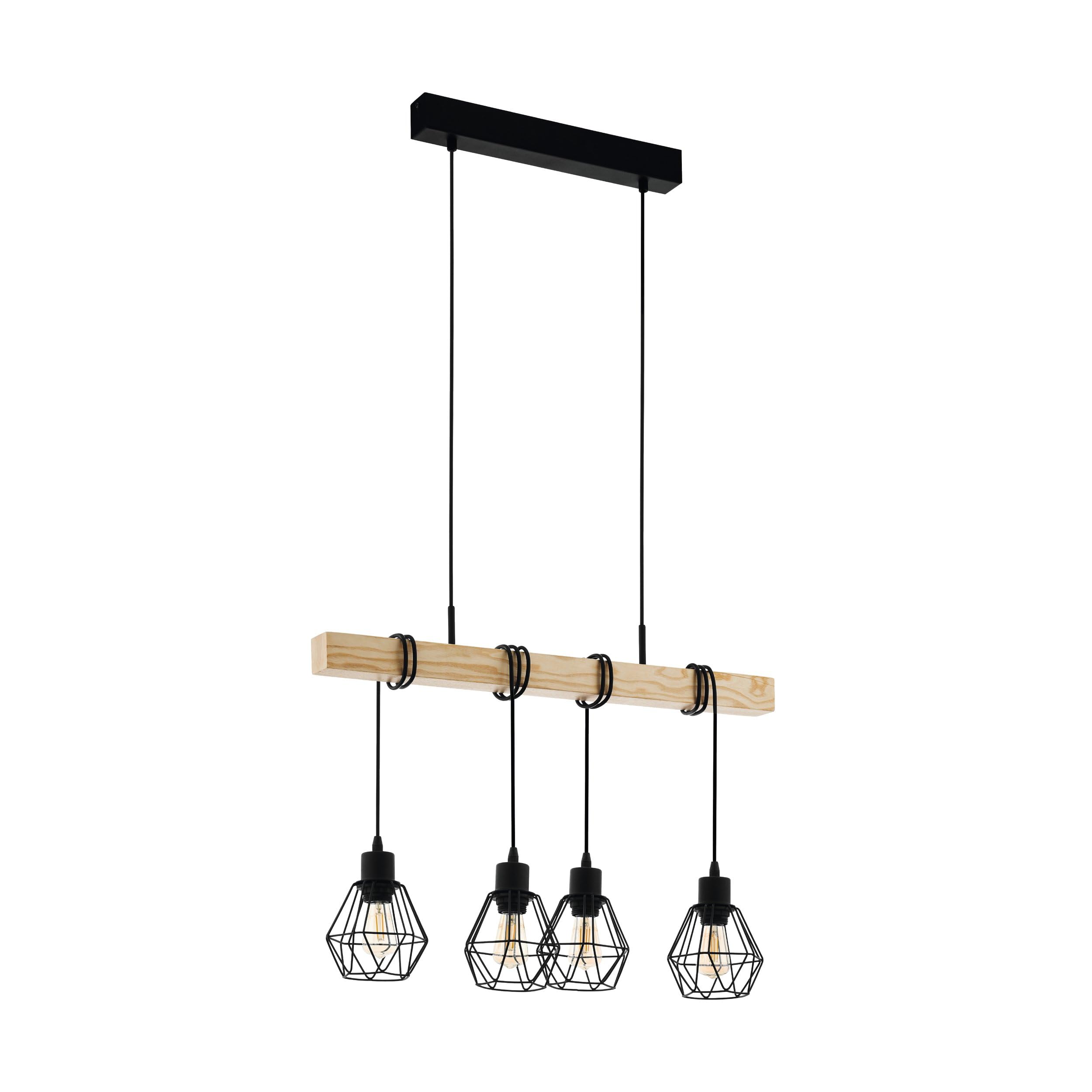 Eglo Pendant lighting Townshend 5, 4-lamp vintage ceiling light fitting, industrial hanging lamp for living and dining room, black metal and natural wood, E27 socket