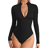 MANGOPOP Long Sleeve Body Suit Mock Turtle Neck Zip Up Bodysuit for Women Ribbed Deep V Sexy Bodysuit Shirts