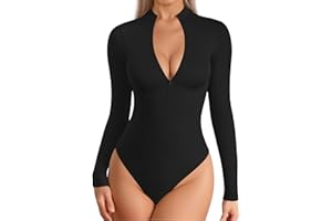 MANGOPOP Long Sleeve Body Suit Mock Turtle Neck Zip Up Bodysuit for Women Ribbed Deep V Sexy Bodysuit Shirts