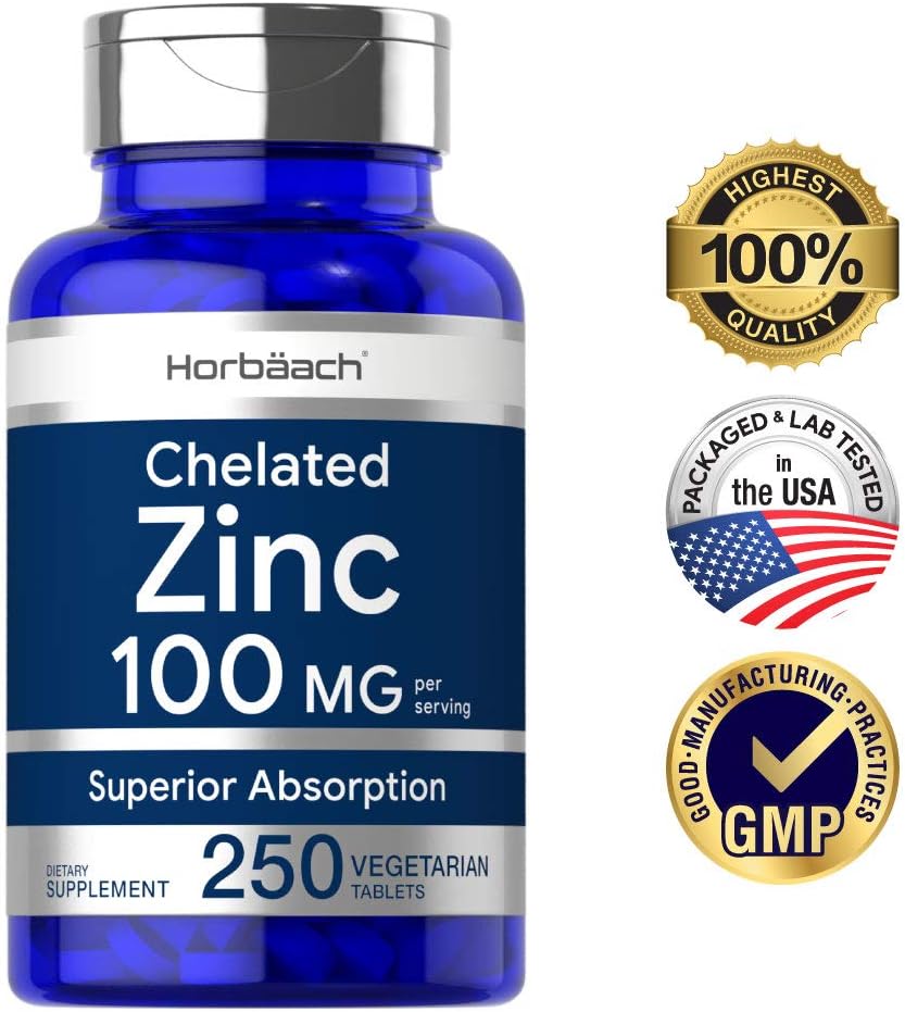Chelated Zinc Supplement 100mg | 250 Tablets | High Potency & Superior Absorption | Vegetarian, Non-GMO, Gluten Free | by Horbaach: Health & Personal Care