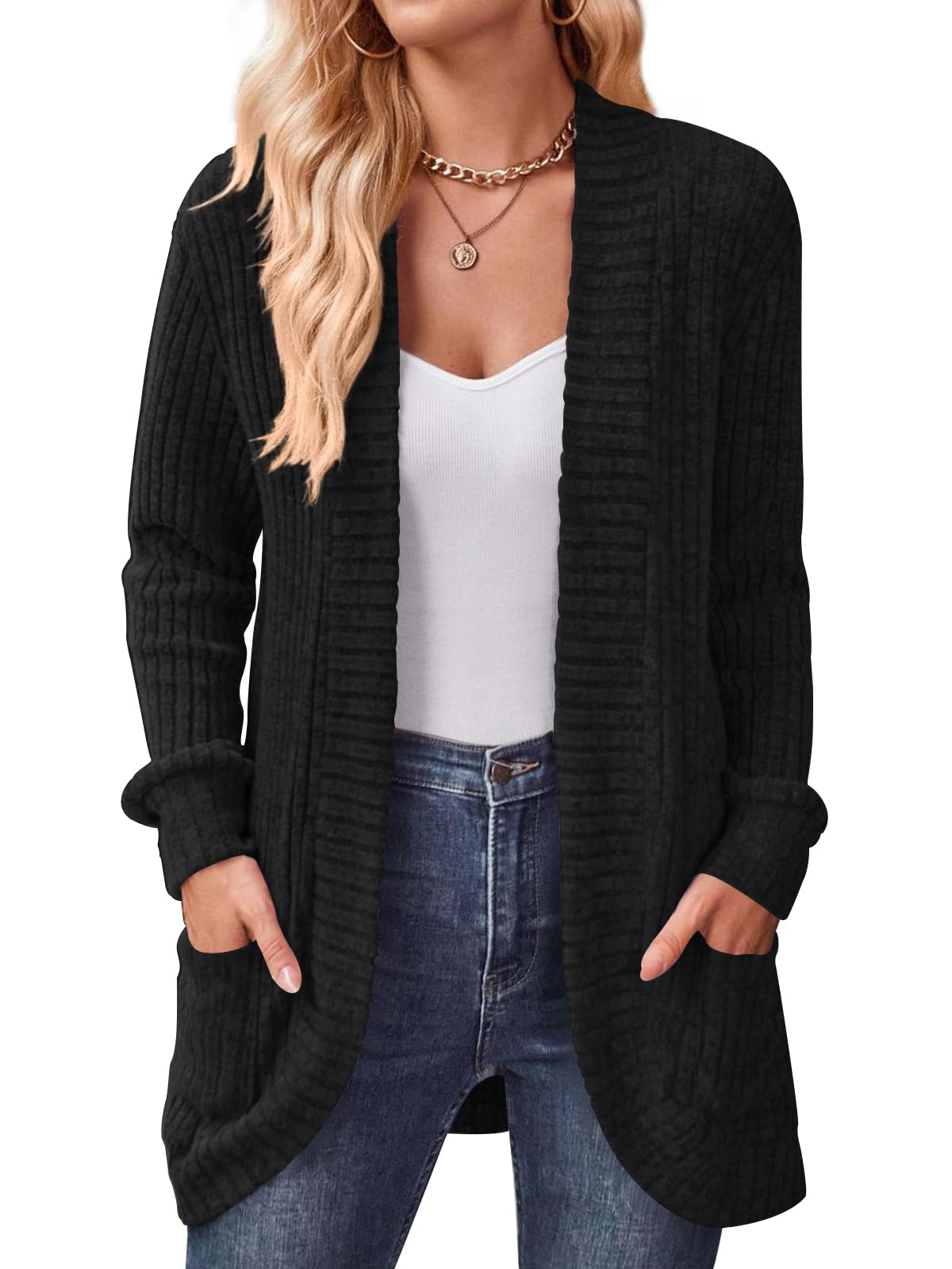 Photo 1 of ***COLOR FADED *** DB MOON Womens Long Cardigan Lightweight Sweater Open Front Long Sleeve Outfits with Pockets M, Black