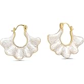 18K gold plated White Cream Enamel Flower Stud Statement Earrings for Women by SNGIA, Dainty Bold Retro Handmade Trendy Natural Sea Summer Boho Seashell Beach Fan Shape Summer Vacation Huggie Bohemian Jewelry Gifts Accessories