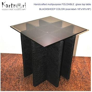 KartnOri Womens handcrafted WENGE FOLDABLE BROWN GLASS TOP side table for bedroom/drawing/dining/living room -CORRUGATED FIBERBOARD SQUARE SHAPE symmetric ARCHITECTURE with 8 mm BROWN GLASS (Large, Blacksheep)