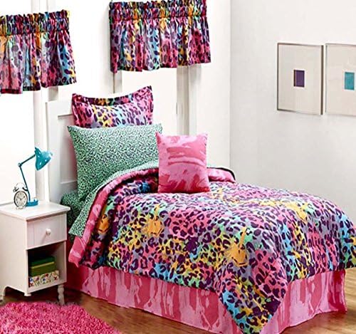 Teen Girls Pink Multi Color Safari Jungle Leopard Print Comforter & Sheet Set, Toss Pillow and Two Window Valances (9pc TWIN SIZE Room Ensemble)
