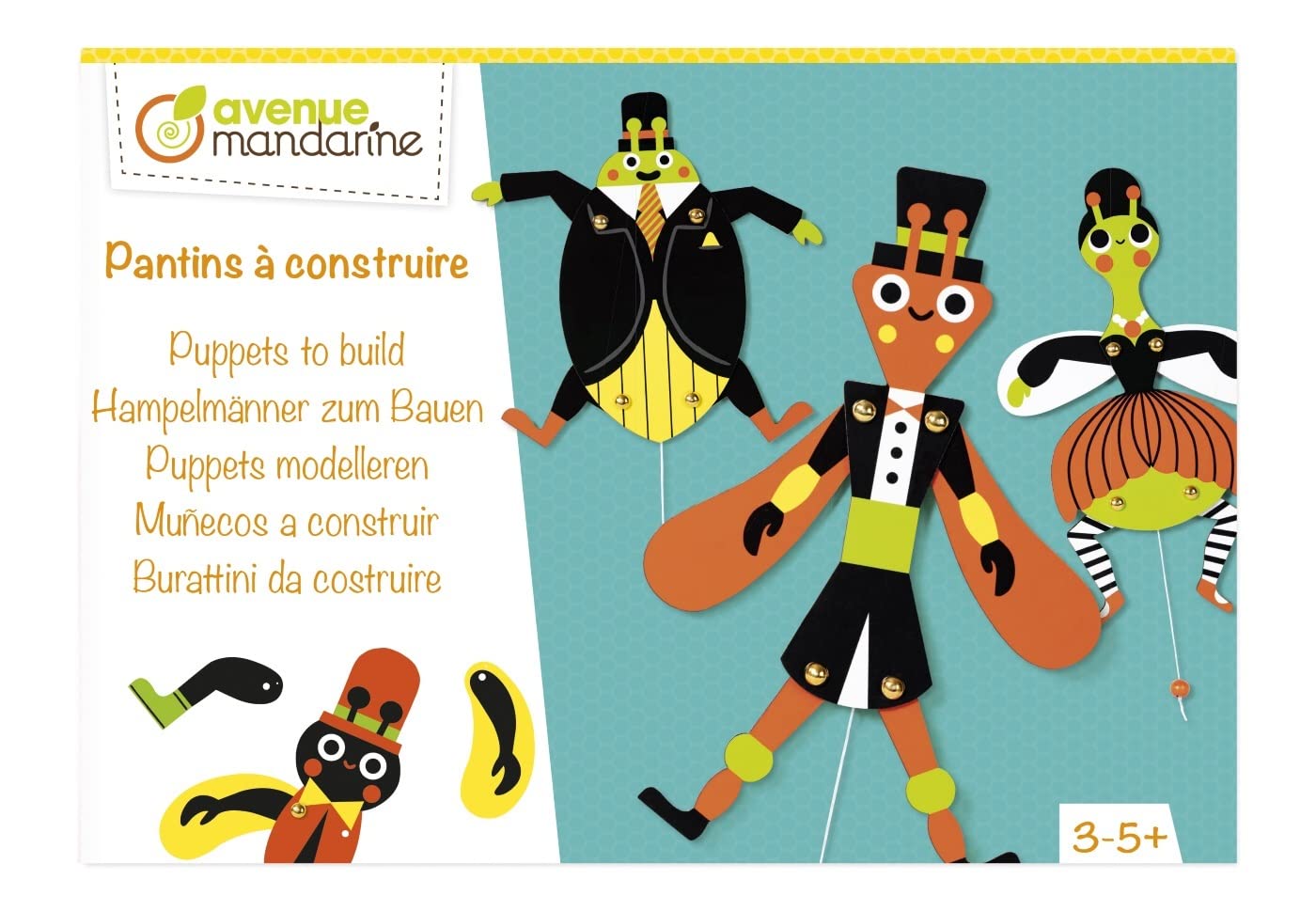 Avenue Mandarine - Ref KC123C - Creative Box - Puppet Building - 5 Sheets of Pre-Cut Characters, 2mm Cardboard, Customisable Box, Full Instructions Supplies, Suitable for Ages 3-5+
