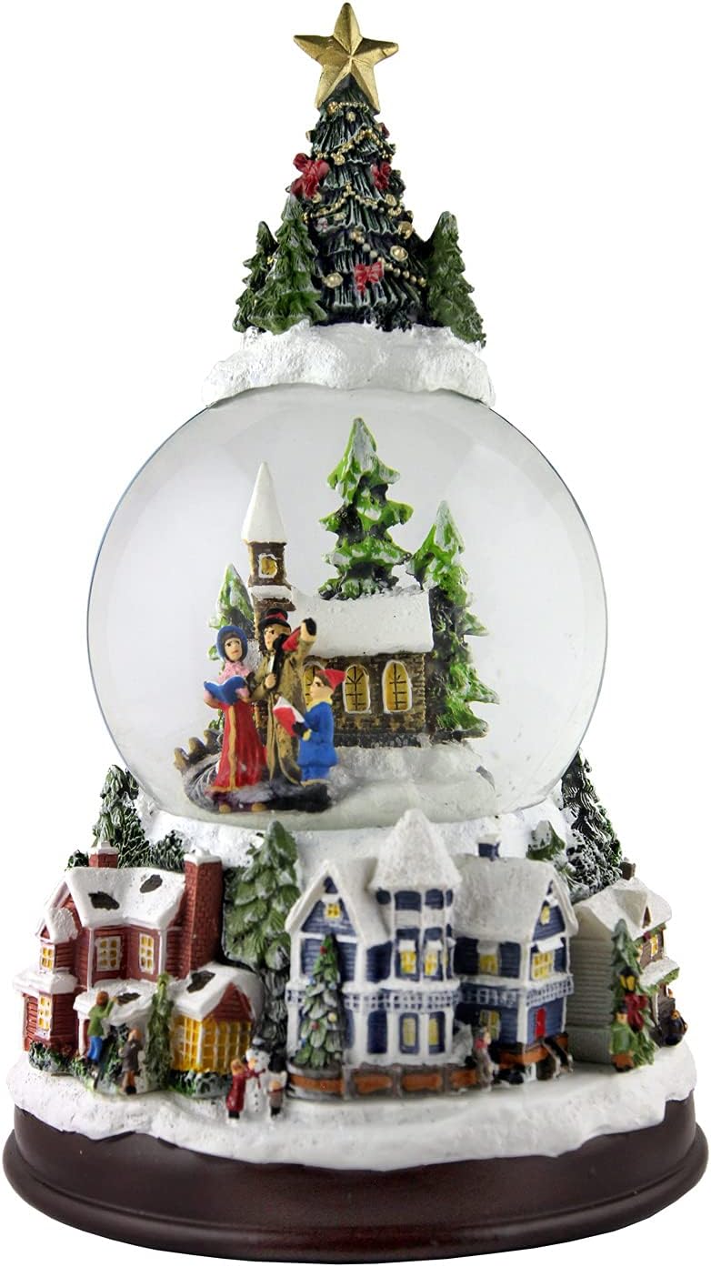 Snow Globes - The San Francisco Music Box Company Carolers w/ Tree Top and Village Base Musical Snow Globe
