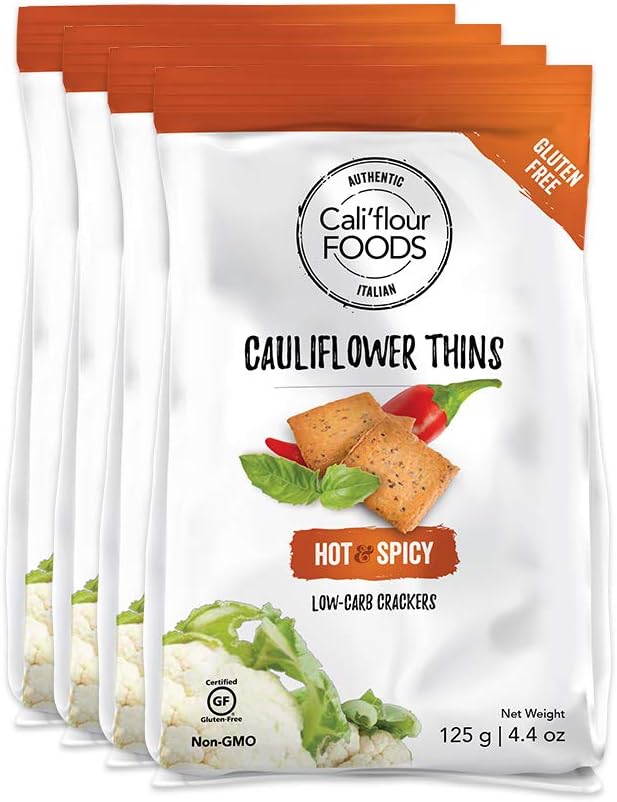 Cali'flour Crackers: Low-Carb Cauliflower Based Keto Crackers for Dipping - 5g Protein, 0g Net Carbs Per Serving - Naturally Gluten, Soy, and Lactose Free - 0 Added Sugar (Hot & Spicy, 4 Pack)