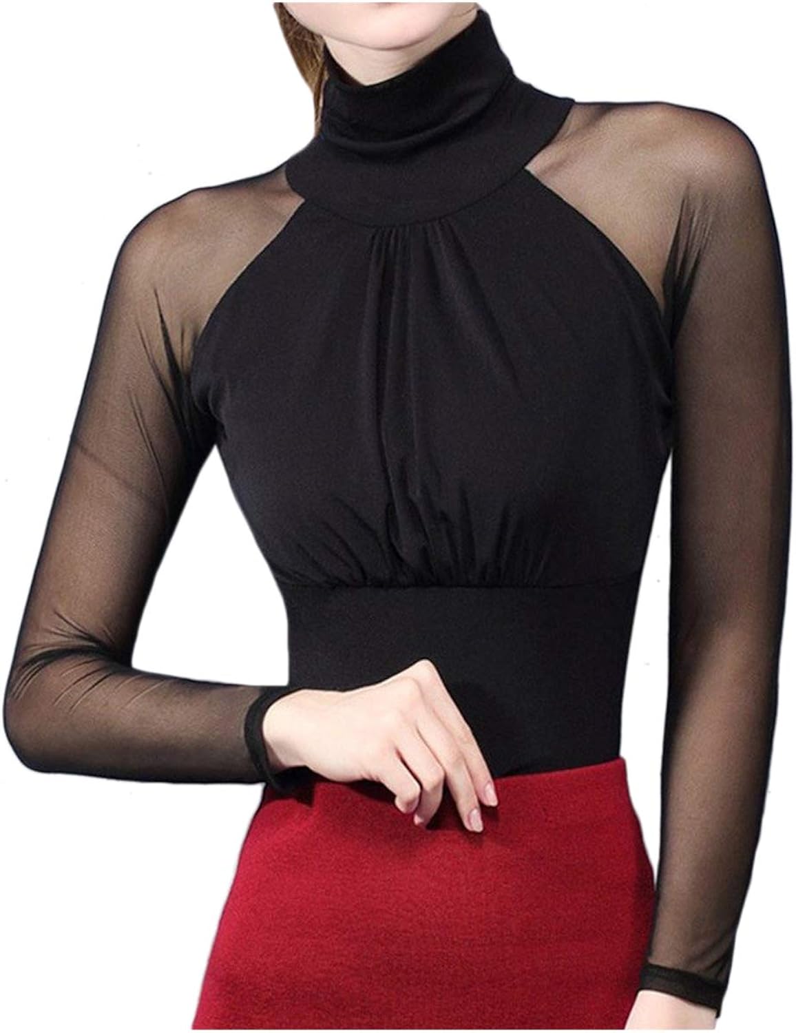 Women Slim Tops High Neck See Through Long Sleeve Basic Sheer Shirts
