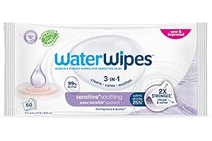 WaterWipes Sensitive+ Soothing Wipes, 3-In-1 Cleans, Cares, Soothes, 99% Water with Botanical Extract, Unscented & Hypoallergenic Baby Wipes, 60 Count (1 Pack)