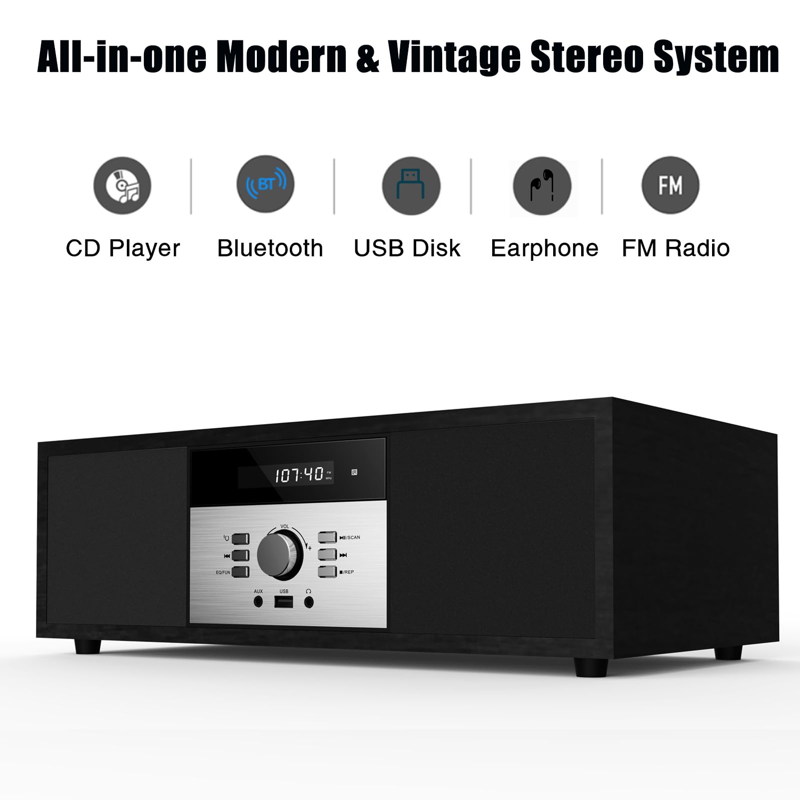 Nostalgic Bluetooth Stereo System for Home, WISCENT Vintage Micro HiFi Systems CD Player,with Bluetooth Audio Streaming,FM Radio,USB Port,Aux-in,Earphone Port (Black CD Player)