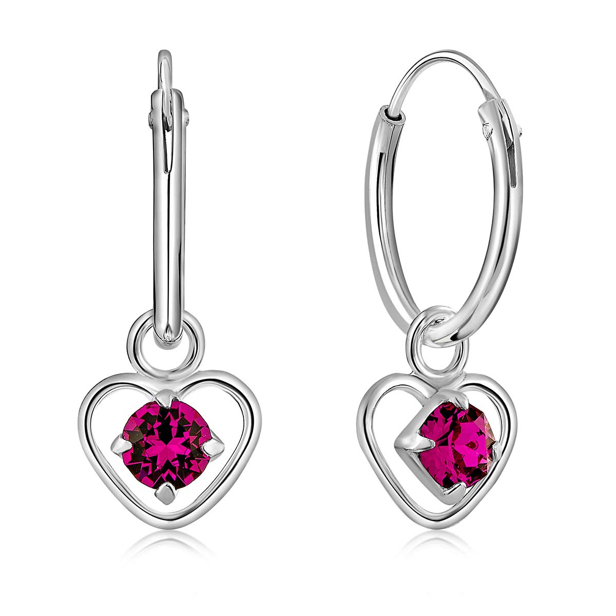 925 Sterling Silver Small Hoops Earrings with Dangling Round Crystals 3 mm - Fuchsia Earrings - Thickness 1.5 mm - Diameter: 12 mm โ image 1