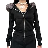 Bosloga Faux Fur Trim Hoodies for Women, Y2k Long Sleeve Cropped Sweatshirt, Zip Up Jacket with Fur Hood Vintage Outfit